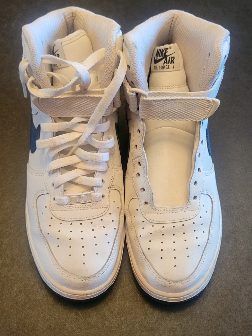 Nike Airforce 1 Size 9 High Top White With Blue Swoosh Nice Pre-owned Cond